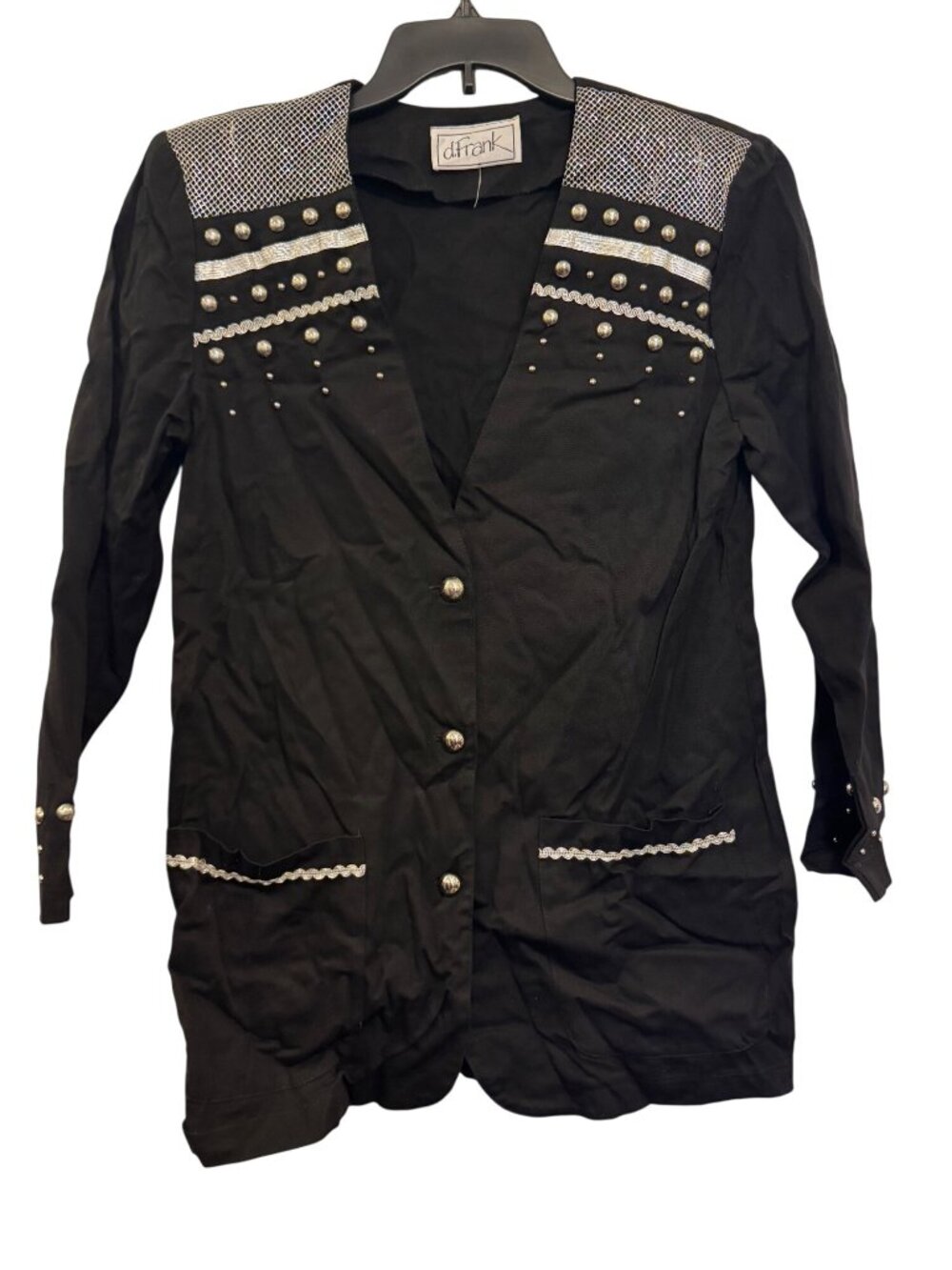 vintage Black D. Frank Embellished Long Blazer With Metallic Accents &